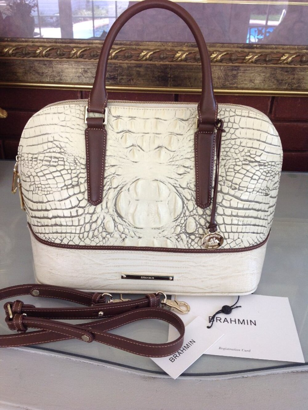 Brahmin Croc-Embossed leather Duxbury satchel in Cream with Brown Trim